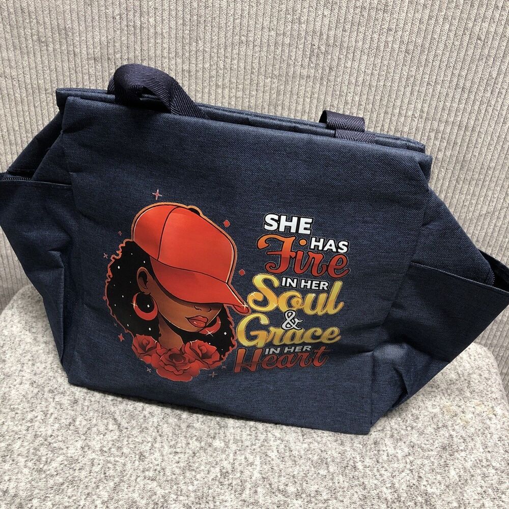 Insulated Lunch Bag Graphic She Fire In Her Soul & Grace In Her Heart Faux Denim